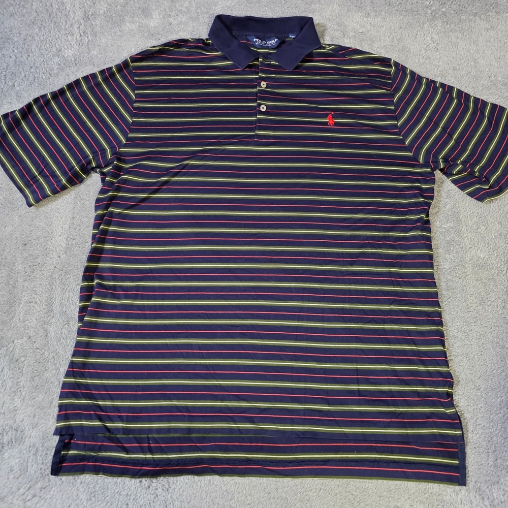 Polo Golf Mens L Polo Shirt Navy Blue Striped Pima Cotton Forest Hills Pony Logo